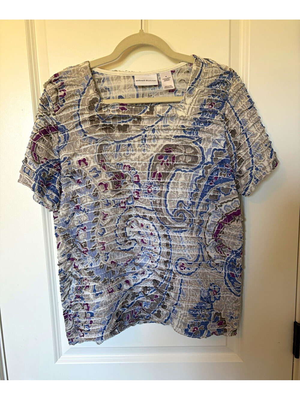Alfred Dunner Womenās Ruched Paisley Knit Top Size M Stretch Pullover Tee